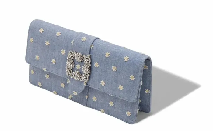 Women Blue And White Chambray Jewel Buckle Clutch Manolo Blahnik Bags