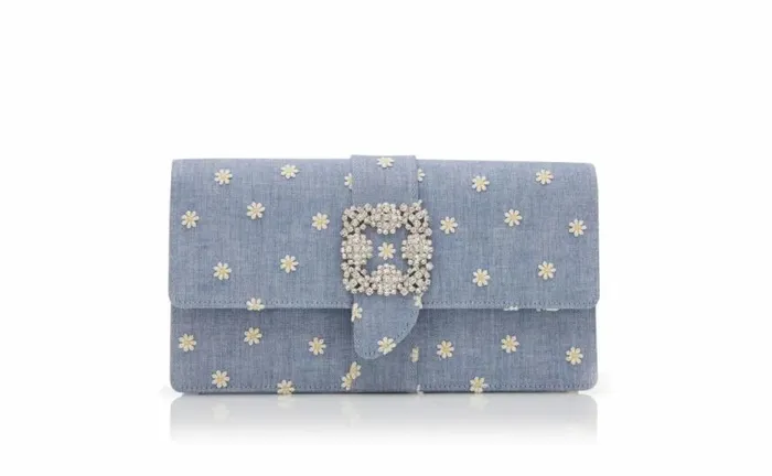 Women Blue And White Chambray Jewel Buckle Clutch Manolo Blahnik Bags