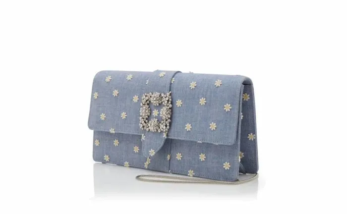 Women Blue And White Chambray Jewel Buckle Clutch Manolo Blahnik Bags