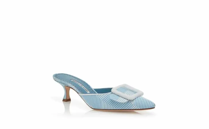 Women Blue And White Grosgrain Mules Manolo Blahnik Mules