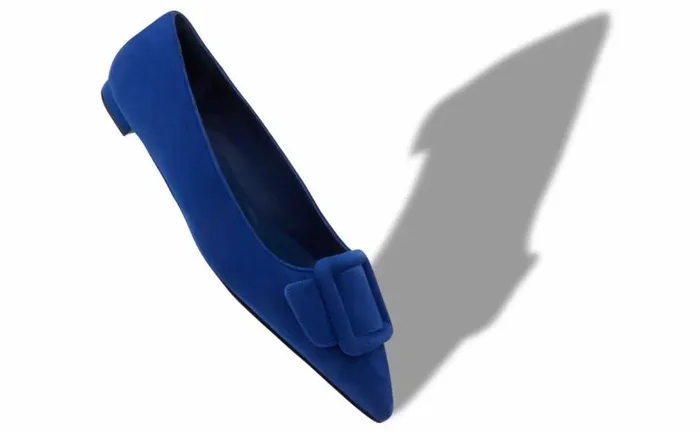 Women Blue Suede Buckle Detail Flat Pumps Manolo Blahnik Flats