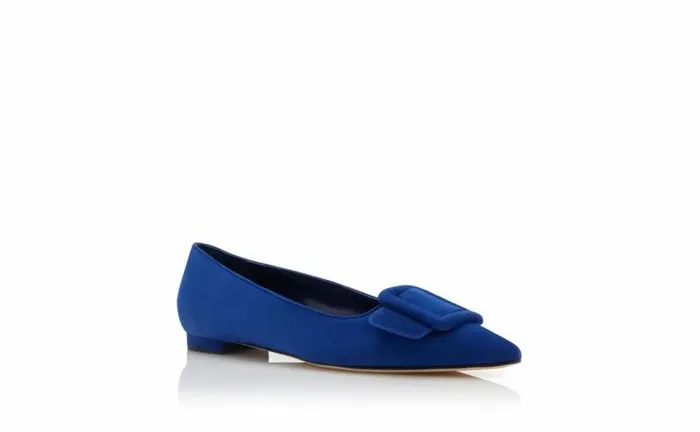 Women Blue Suede Buckle Detail Flat Pumps Manolo Blahnik Flats