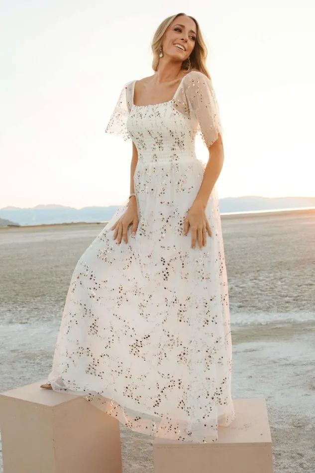 Women Bridal Baltic Born Cassandra Tulle Maxi Dress Metallic White
