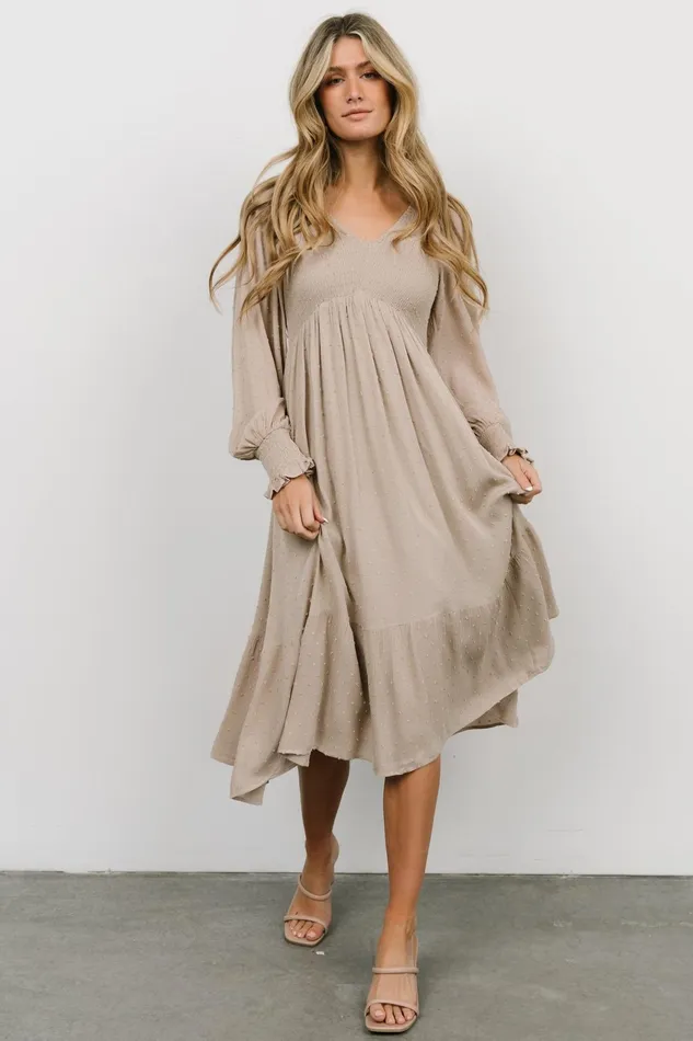 Women Bump Friendly Baltic Born Lainey Smocked Dotted Midi Dress Beige