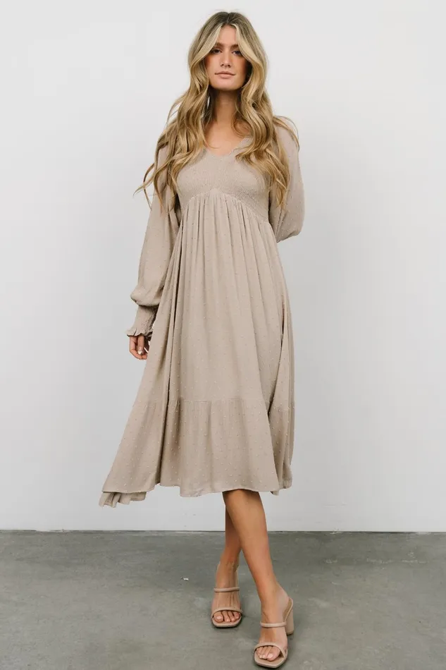 Women Bump Friendly Baltic Born Lainey Smocked Dotted Midi Dress Beige Women Bump Friendly Baltic Born Lainey Smocked Dotted Midi Dress Beige