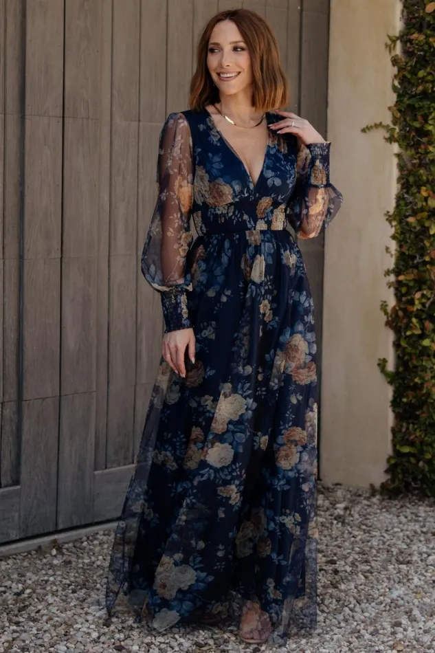 Women Bump Friendly Baltic Born Layla Tulle Maxi Dress Blue Golden Floral