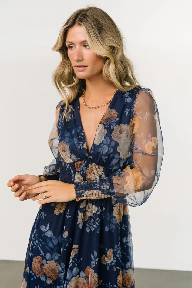 Women Bump Friendly Baltic Born Layla Tulle Maxi Dress Blue Golden Floral