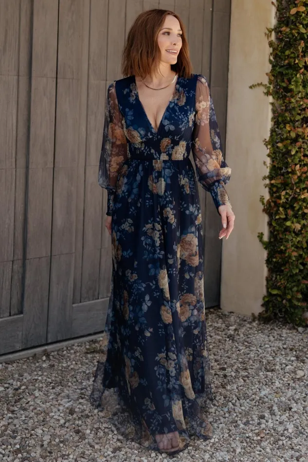 Women Bump Friendly Baltic Born Layla Tulle Maxi Dress Blue Golden Floral