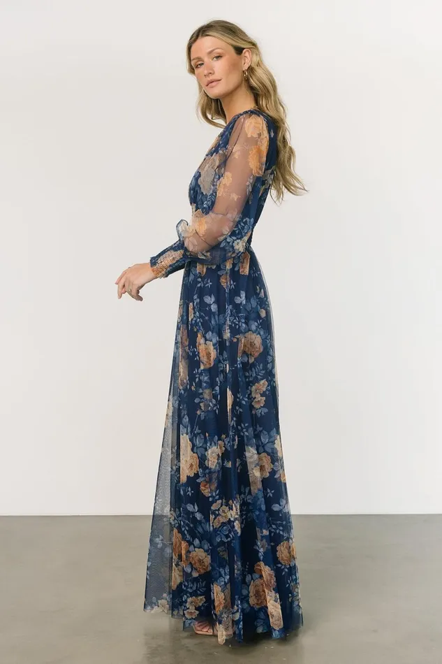 Women Bump Friendly Baltic Born Layla Tulle Maxi Dress Blue Golden Floral