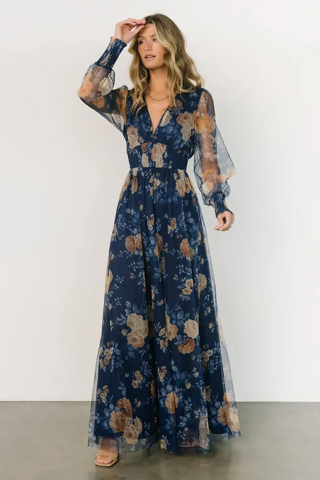 Women Bump Friendly Baltic Born Layla Tulle Maxi Dress Blue Golden Floral
