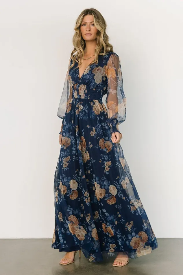 Women Bump Friendly Baltic Born Layla Tulle Maxi Dress Blue Golden Floral