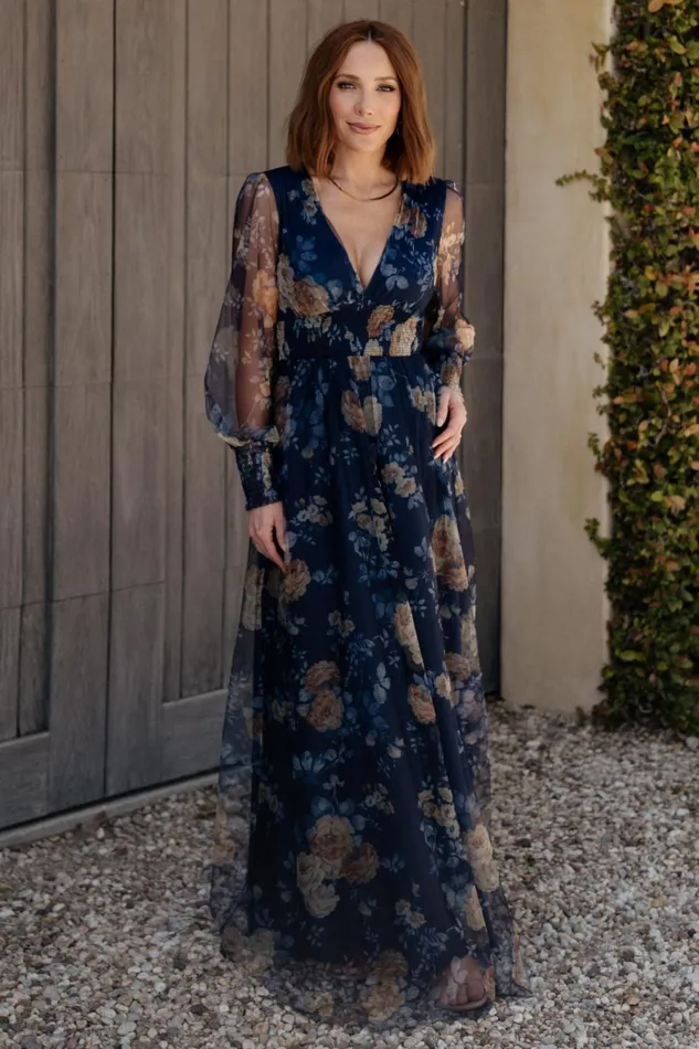 Women Bump Friendly Baltic Born Layla Tulle Maxi Dress Blue Golden Floral
