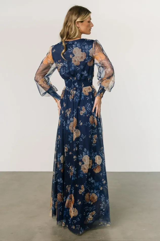 Women Bump Friendly Baltic Born Layla Tulle Maxi Dress Blue Golden Floral