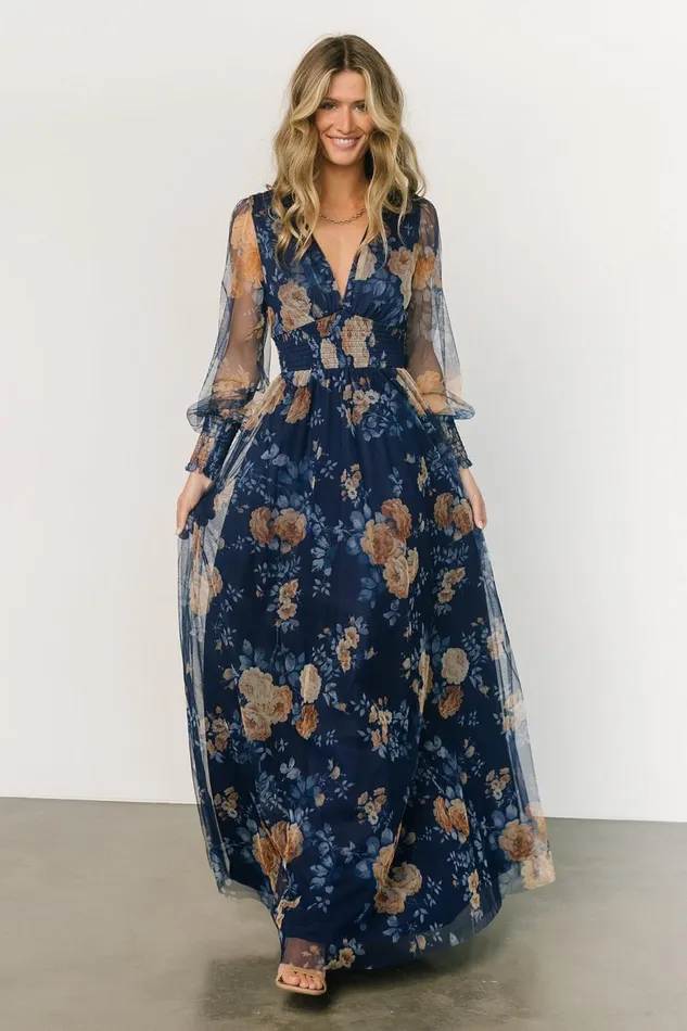Women Bump Friendly Baltic Born Layla Tulle Maxi Dress Blue Golden Floral
