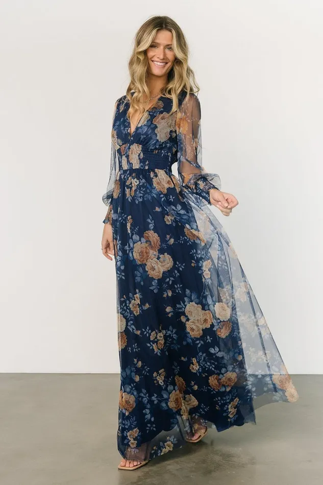 Women Bump Friendly Baltic Born Layla Tulle Maxi Dress Blue Golden Floral