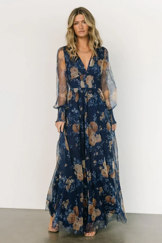 Women Bump Friendly Baltic Born Layla Tulle Maxi Dress Blue Golden Floral