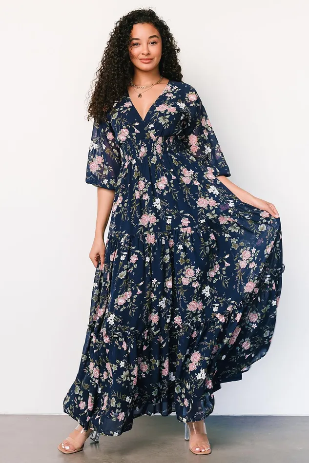 Women Bump Friendly Baltic Born Sawyer Tiered Maxi Dress Navy Pink