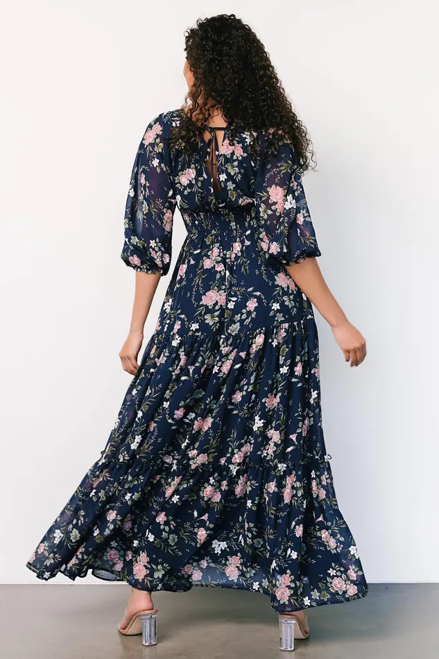 Women Bump Friendly Baltic Born Sawyer Tiered Maxi Dress Navy Pink