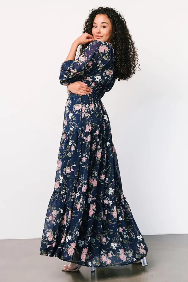 Women Bump Friendly Baltic Born Sawyer Tiered Maxi Dress Navy Pink