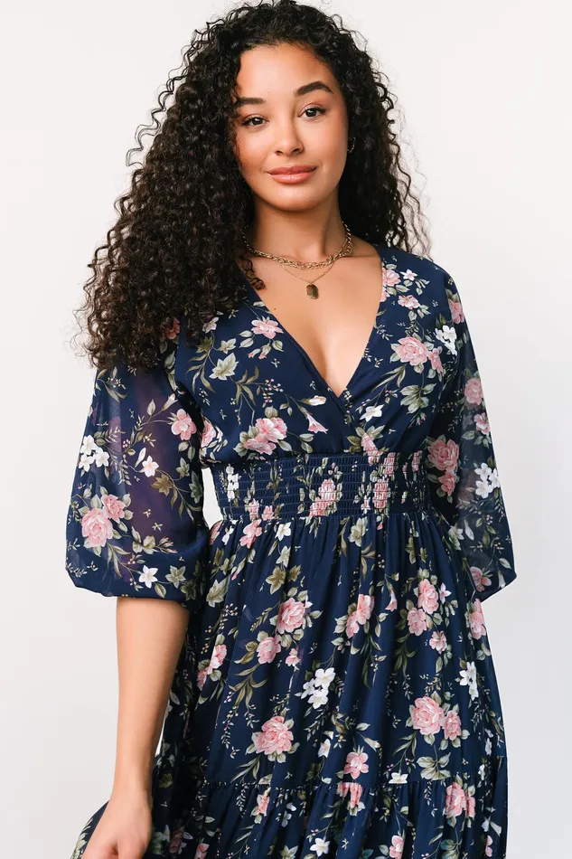 Women Bump Friendly Baltic Born Sawyer Tiered Maxi Dress Navy Pink