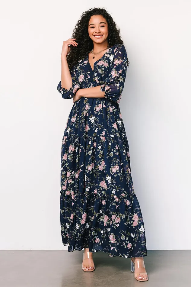 Women Bump Friendly Baltic Born Sawyer Tiered Maxi Dress Navy Pink