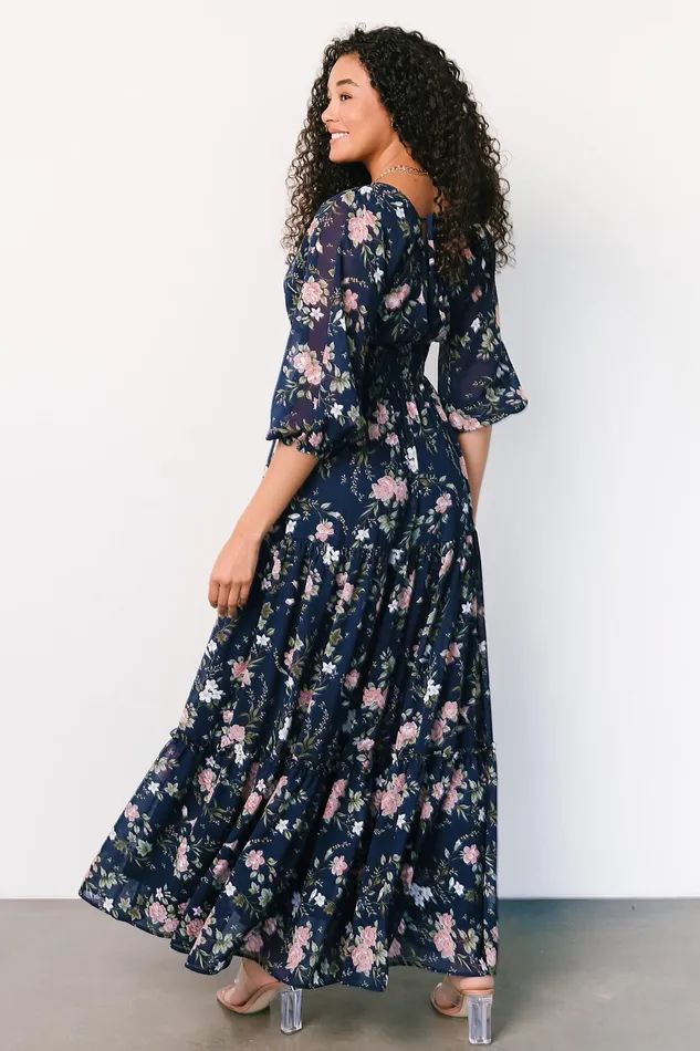 Women Bump Friendly Baltic Born Sawyer Tiered Maxi Dress Navy Pink