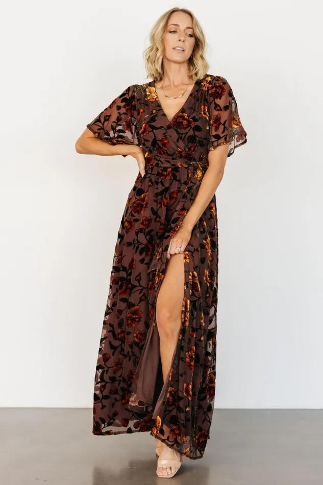 Women Bump Friendly Baltic Born Uma Velvet Maxi Dress Clove Amber Floral