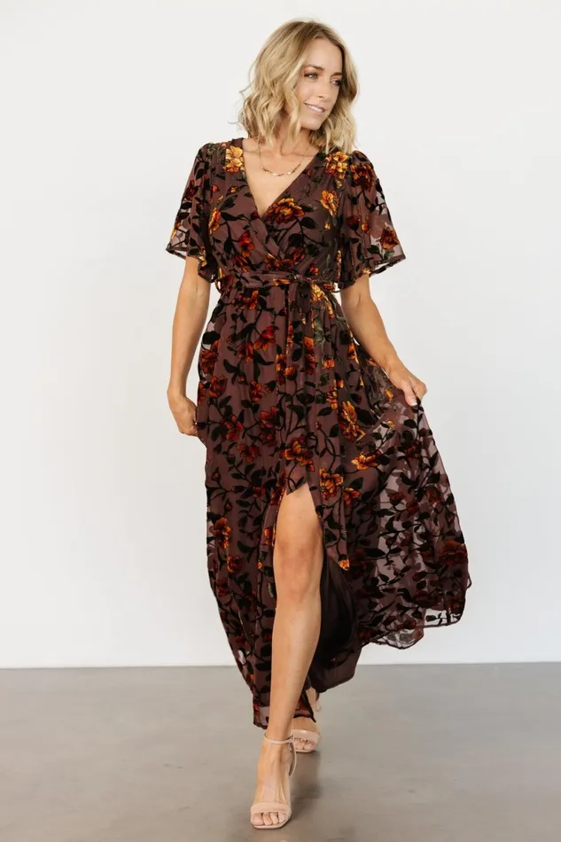 Women Bump Friendly Baltic Born Uma Velvet Maxi Dress Clove Amber Floral