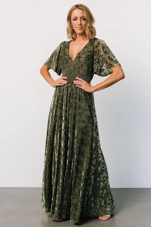 Women Bump Friendly Baltic Born Veronica Velvet Maxi Dress Dark Sage