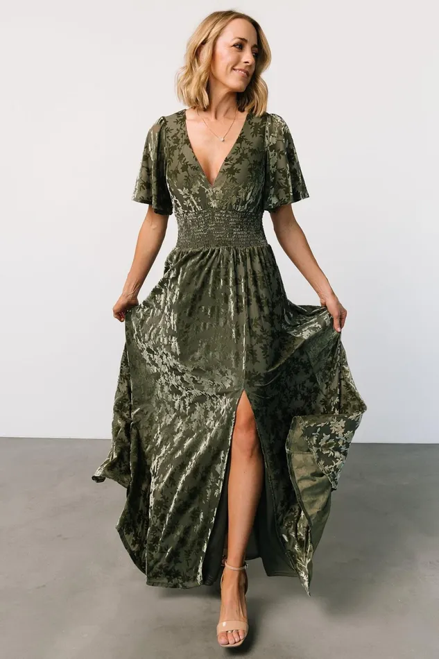 Women Bump Friendly Baltic Born Veronica Velvet Maxi Dress Dark Sage