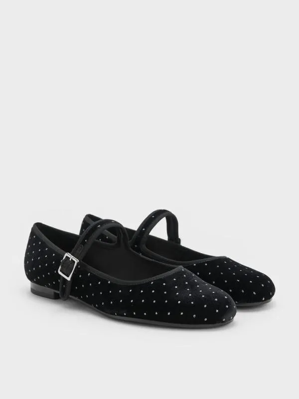 Women Carmel Velvet Dotted Buckled Mary Jane Flats 8211 Black Textured CHARLES and KEITH Ballet Flats