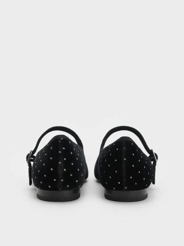 Women Carmel Velvet Dotted Buckled Mary Jane Flats 8211 Black Textured CHARLES and KEITH Ballet Flats
