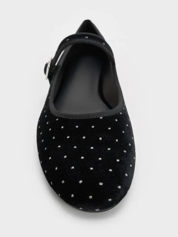 Women Carmel Velvet Dotted Buckled Mary Jane Flats 8211 Black Textured CHARLES and KEITH Ballet Flats