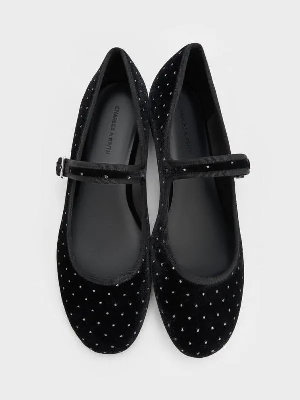 Women Carmel Velvet Dotted Buckled Mary Jane Flats 8211 Black Textured CHARLES and KEITH Ballet Flats