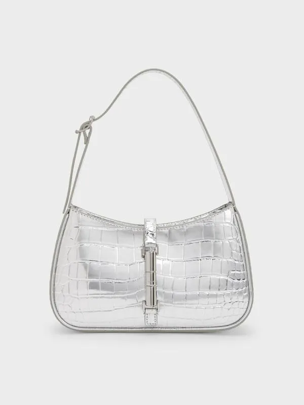 Women Cesia CrocEffect MetallicAccent Shoulder Bag 8211 Silver CHARLES and KEITH Shoulder Bags