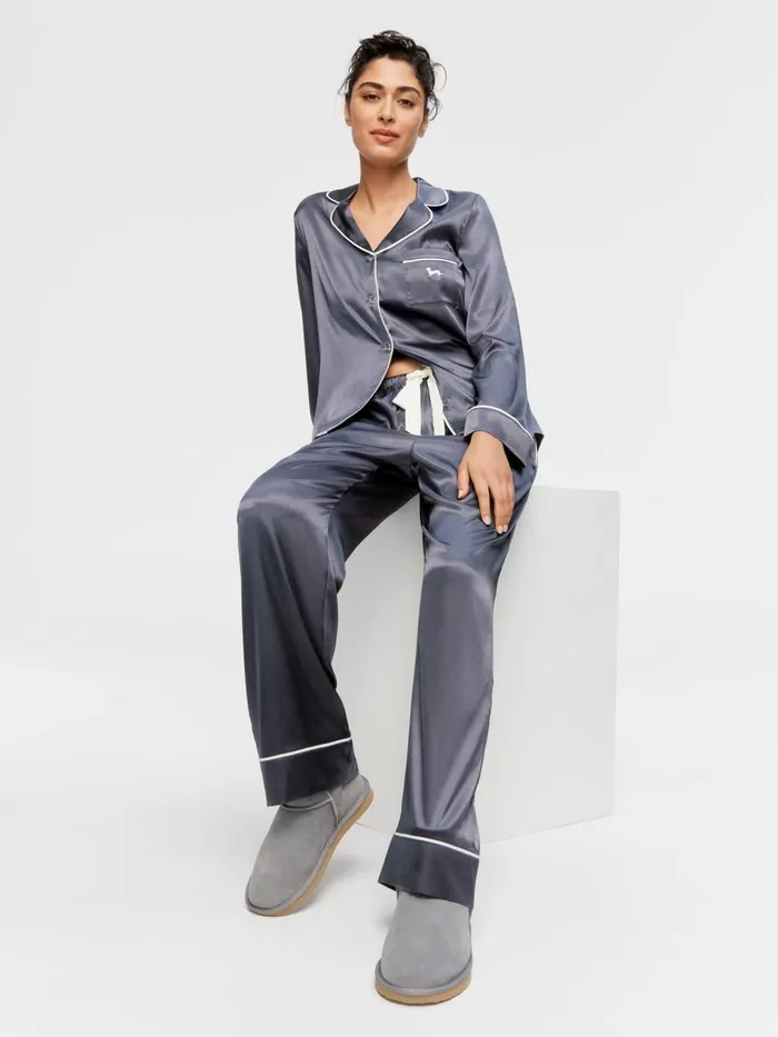 Women Charcoal Chic Satin Long Sleeve Pj Set Charcoal Peter Alexander Satin