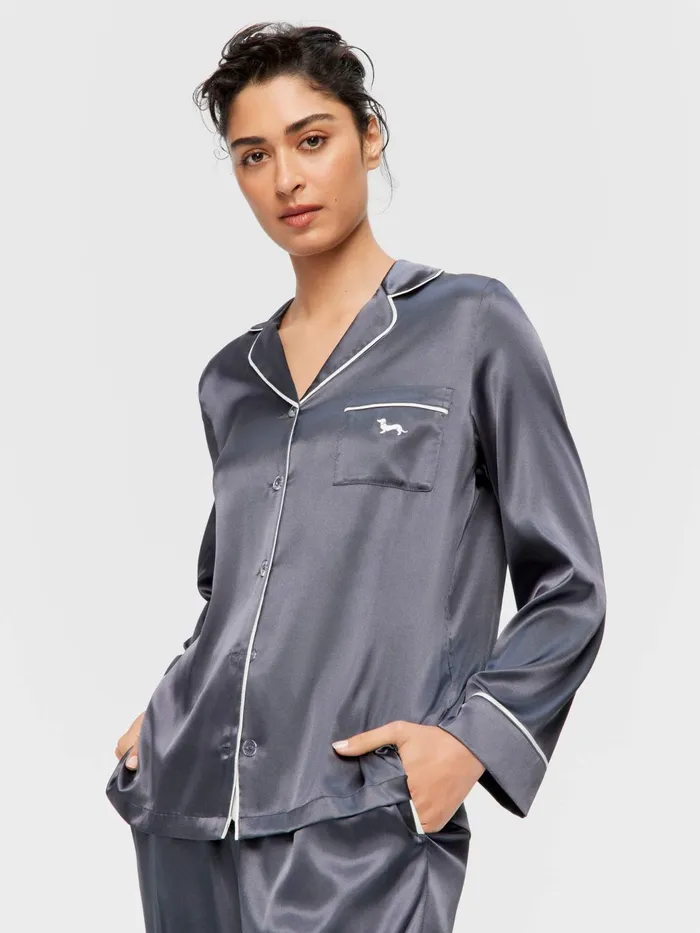 Women Charcoal Chic Satin Long Sleeve Pj Set Charcoal Peter Alexander Satin