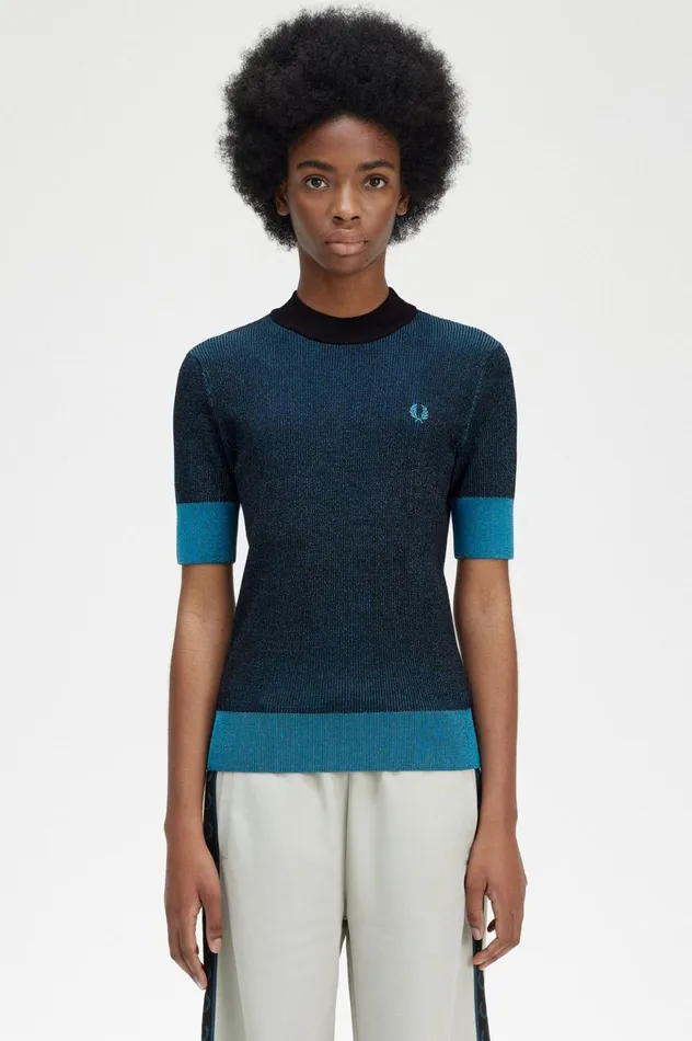 Women Contrast Rib Short Sleeve Jumper Black Fred Perry Knitwear