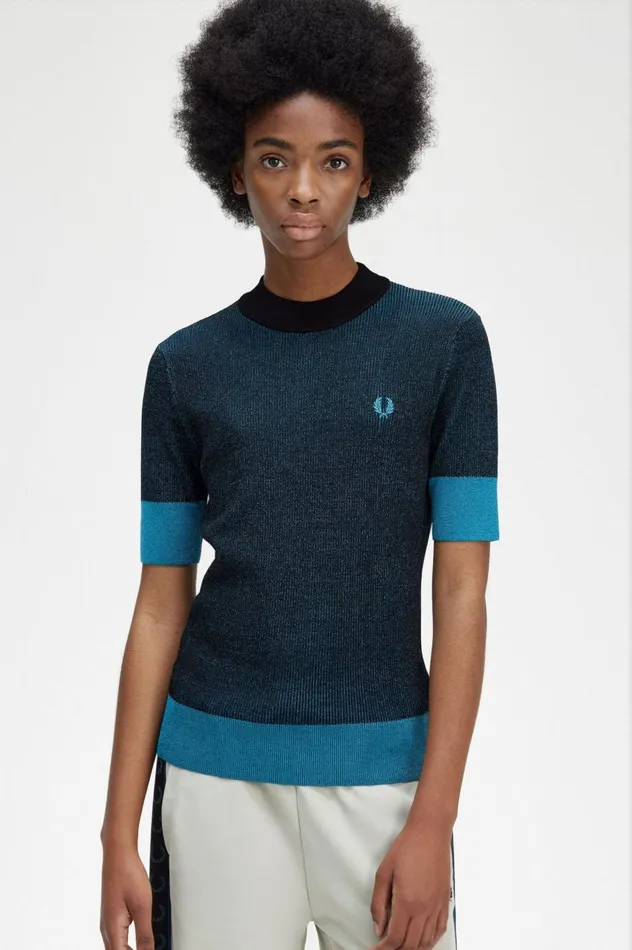 Women Contrast Rib Short Sleeve Jumper Black Fred Perry Knitwear