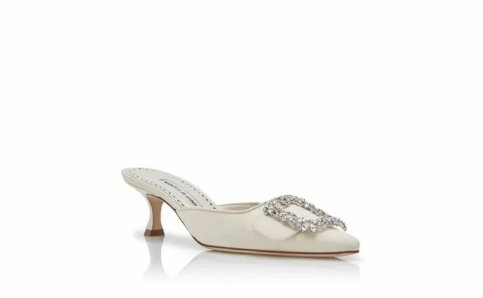 Women Cream Crepe De Chine Jewel Buckle Mules Manolo Blahnik Mules