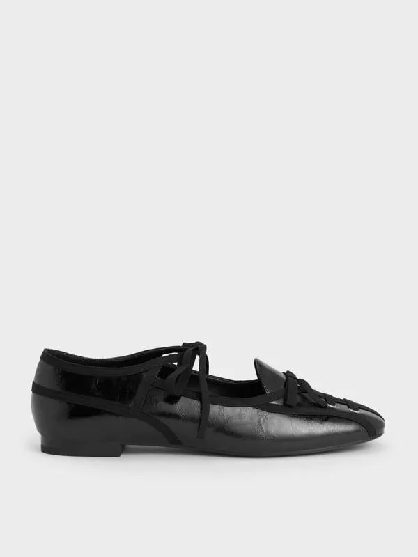 Women CrinkleEffect LaceUp Bow Ballet Flats 8211 Black CHARLES and KEITH Flats Women CrinkleEffect LaceUp Bow Ballet Flats 8211 Black CHARLES and KEITH Flats