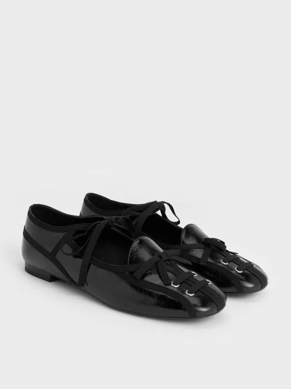 Women CrinkleEffect LaceUp Bow Ballet Flats 8211 Black CHARLES and KEITH Flats