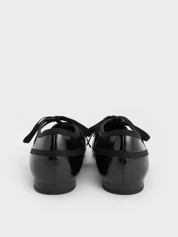 Women CrinkleEffect LaceUp Bow Ballet Flats 8211 Black CHARLES and KEITH Flats
