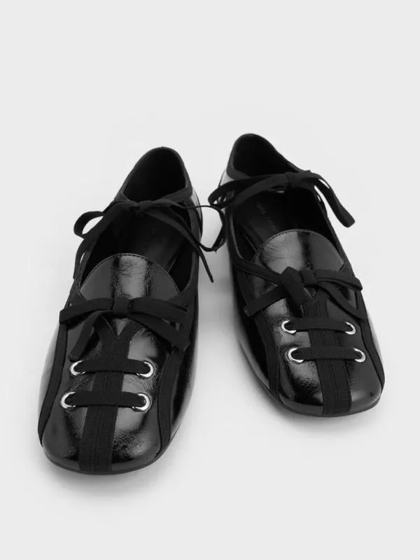 Women CrinkleEffect LaceUp Bow Ballet Flats 8211 Black CHARLES and KEITH Flats