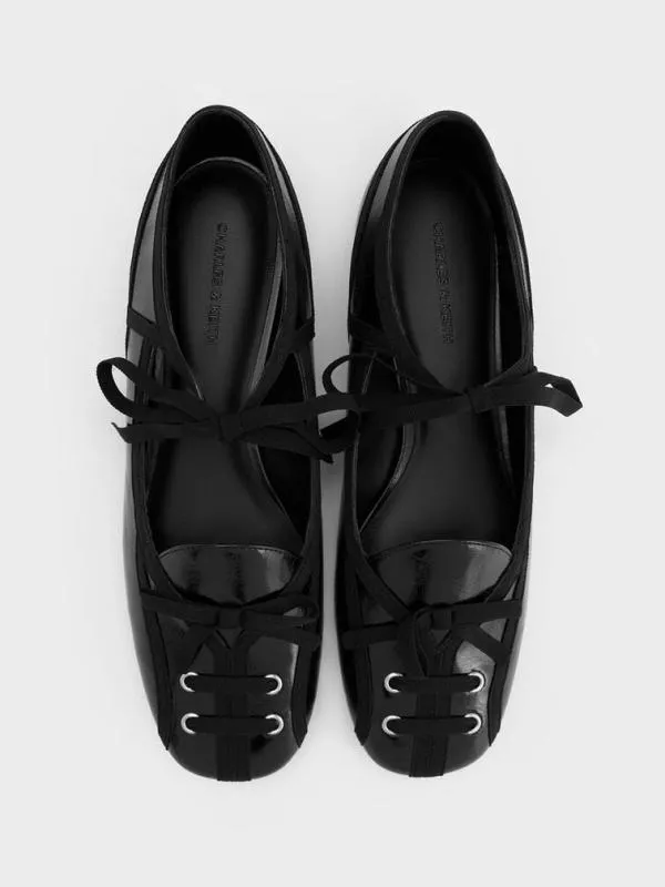 Women CrinkleEffect LaceUp Bow Ballet Flats 8211 Black CHARLES and KEITH Flats