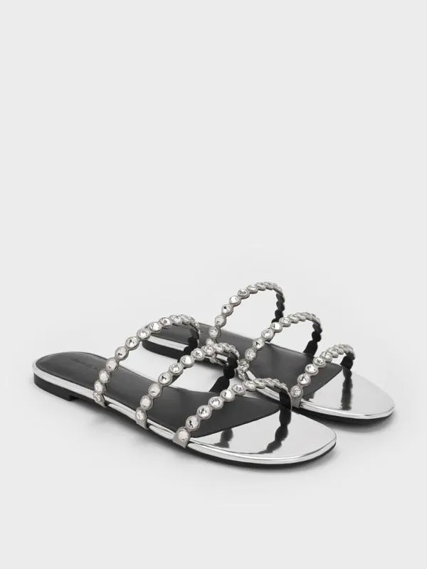 Women CrystalEmbellished TripleStrap Sandals 8211 Silver CHARLES and KEITH Sandals