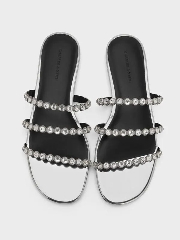 Women CrystalEmbellished TripleStrap Sandals 8211 Silver CHARLES and KEITH Sandals