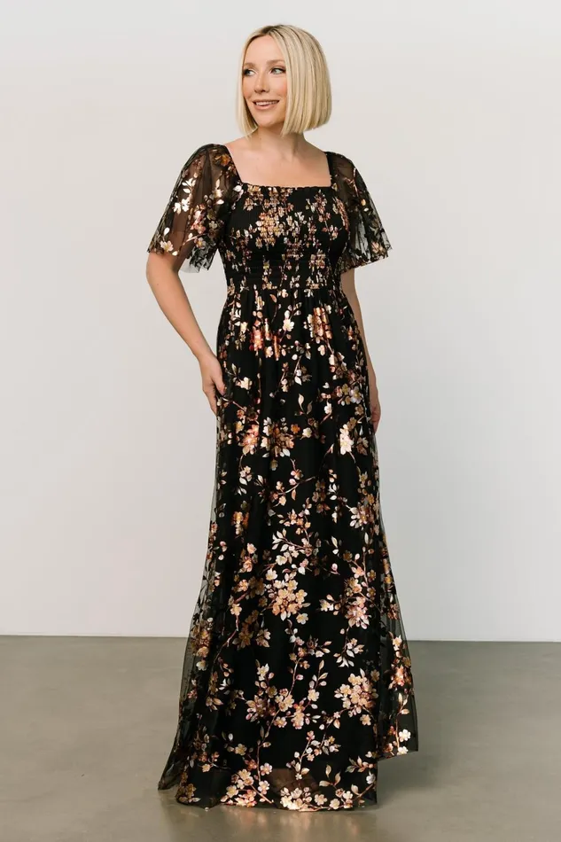Women Embellished Sequin Baltic Born Cassandra Tulle Maxi Dress Black Blossom