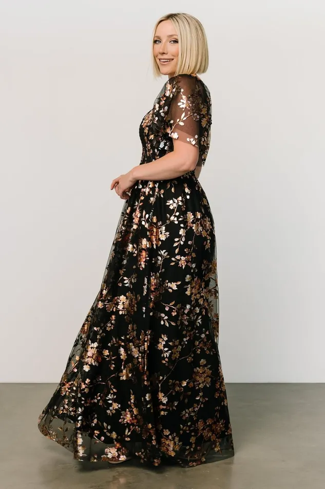 Women Embellished Sequin Baltic Born Cassandra Tulle Maxi Dress Black Blossom