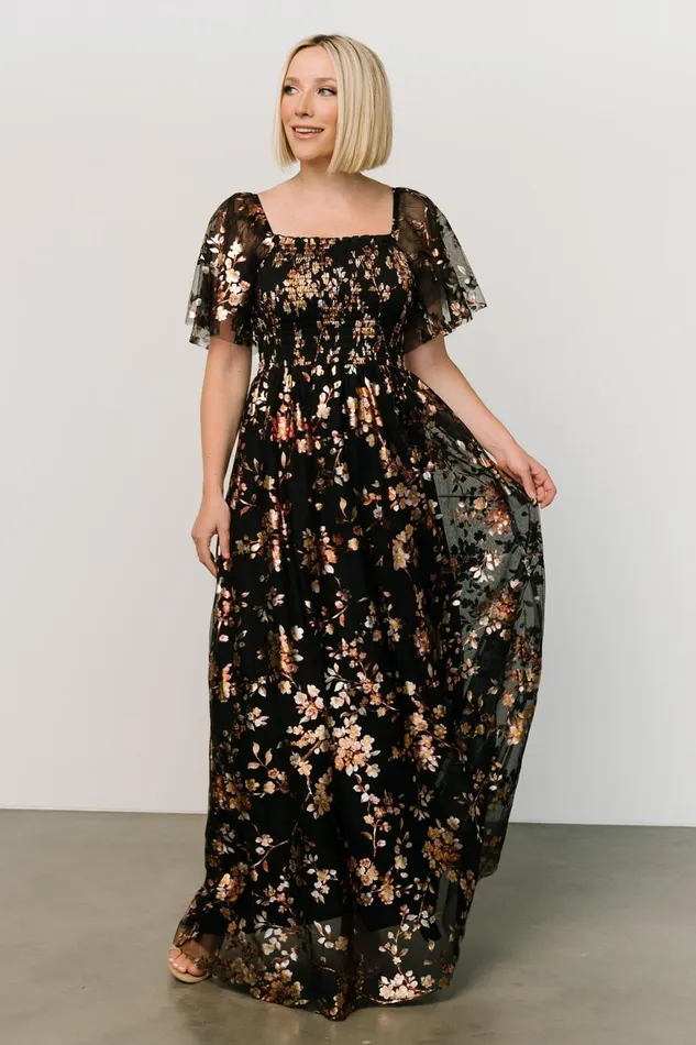 Women Embellished Sequin Baltic Born Cassandra Tulle Maxi Dress Black Blossom